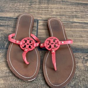 Coral color, Tory, Burch, sandals.